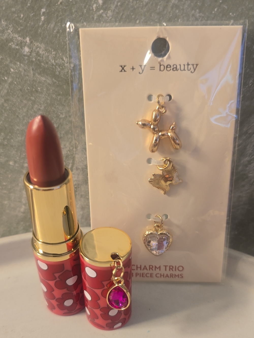 x + y = beauty Gold Charm Trio & Blush Bloom Lipstick Charm New